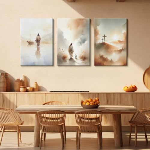3 Pcs Framed Jesus Wall Art Jesus Walking on Water Canvas Wall Decor Leaves The 99 Sheep Pictures Prints Christian Posters for Living Room Bedroom Church Home Decorations Ready to Hang 12x16in Light Blue 12"W x 16"H