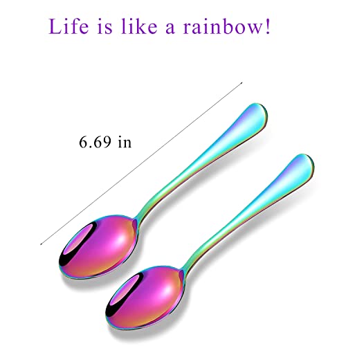 Rainbow Spoons,Set of 16 Top Food Grade Stainless Steel Spoons Silverware, Big Tea Spoons,6.7 Inches,Mirror Finish & Dishwasher Safe,New Apartment Essentials Flatware Rainbow 16pcs