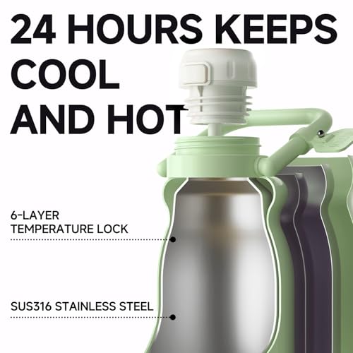 HOLOHOLO Insulated Water Bottle with POP-UP Straw Leak-Proof, Tea Strainer, Multipurpose Lid Cup, Handle, Stainless Steel, 24-Hour Temperature Control, 30 oz (Green) Green