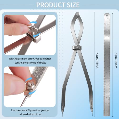 LDVROH radius divider tool with bonus stainless steel ruler, 16-inch joint calipers and dividers