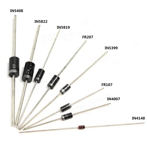 Set of 100 8 Values Rectifier Diodes Bag Assortment Kit for Arduino (25 x 1N4148, 25 x 1N4007, 10 x 1N5819, 10 x 1N5399, 10 x FR107, 10 x FR207, 5 x 1N544 08, 5x 1N5822)