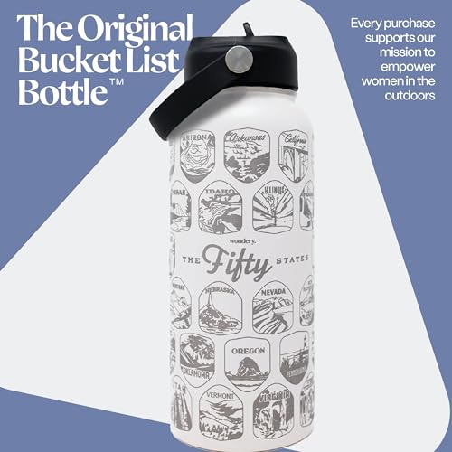 Wondery Official Fifty States bucket list™ Travel Water Bottle with Waterproof Stickers and Straw | Cream 32 oz Engraved | Insulated Stainless Steel Vacuum Sealed | Leak Proof