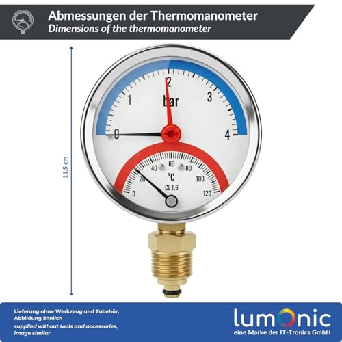 Lumonic Thermomanometer 4 bar 0-120 °C | 1/4 + 1/2 inch (adapter) | connection bottom | diameter 80 mm, large scale | heating pressure gauge | metal housing 80 mm, bottom 0-4bar