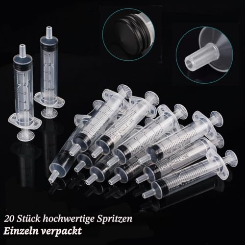 Syringes 5 ml, Pack of 20 Individual Package Plastic Syringe with Lid, Feeding Syringe, Reusable Syringe for Newborn Animal Feeding, Crafts, Laboratory Measurement