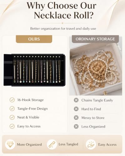 Travel necklace organizer by SCIKHEFT with 16 black slots, tangle-free jewelry case for safe and organized travel storage.
