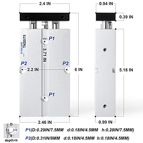 TAILONZ TN20-75 Double-Rod Air Cylinder 20mm Bore 75mm Stroke