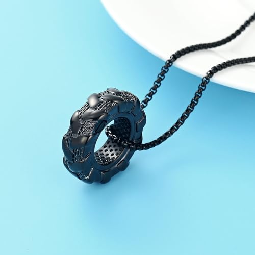 Oinsi Wheel Tire Urn Necklace for Ashes Cremation Jewelry for Women Men Auto Parts Pendant Stainless Steel Memorial Necklaces Keepsake Jewelry of Loved One Black
