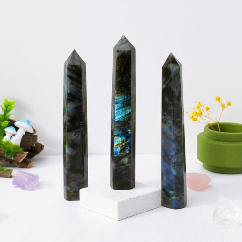 Apengshi 1PCS Natural Crystal Labradorite Tower 5.9"-6.3" (15-16cm) 6 Faceted Single Point Prism Healing Crystal Wand for Meditation Reiki Chakra Therapy