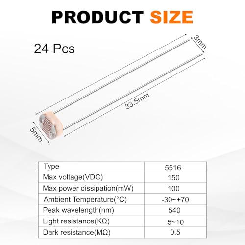 sourcing map 24 Pieces Photoresistor Kit 5mm Light Dependent Resistor (LDR) Light Sensitive Resistor Passive Components for DIY Industrial Experiments, GL5516 5~10KΩ