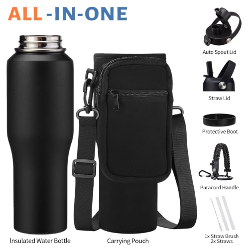 32 oz Insulated Water Bottle Fits Car Cup Holder with Straw Lid & Auto Lid Onyx Black 32 Ounces