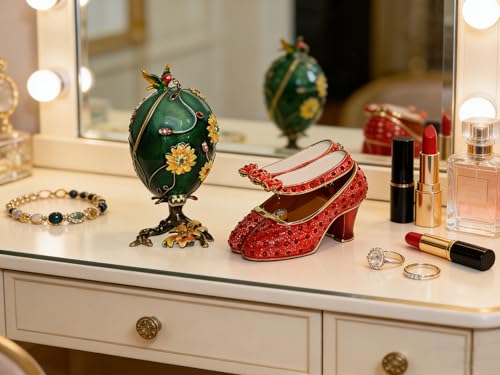 Easter Gifts for Kids Girls Hummingbird on Faberge Egg Trinket Box, Jewelry Box Hand Painted Decorative Box with Hinged Lid, Ring Earring Holder Bird Figurine Collectible Hummingbird on Faberge Eg