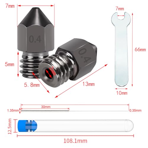 Hardened Steel Nozzle, Dujelixa 15 PCS 3D Printer Nozzles with 5 PCS 0.35mm Silver Cleaning Steel Needle, 1 PCS 7mm Open end Wrench for MK8 Anet A8 3D Printer 1.75mm Filament