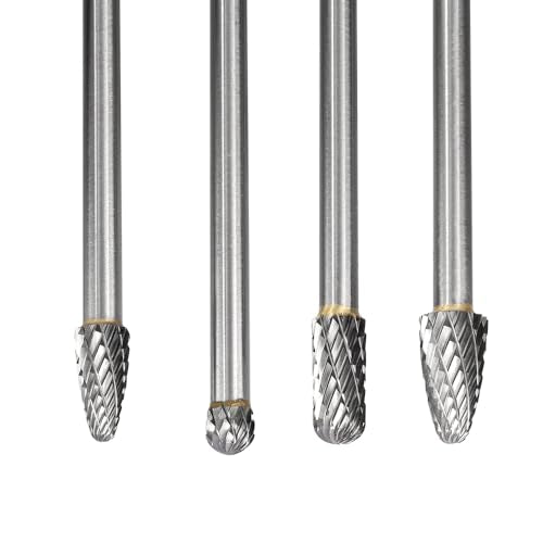 Treki Set of 4 Long Carbide Burrs with 6 mm Shank Carbide Milling Cutter Attachment for Drill, Tungsten Steel Cutter Bits Wood Carving Drill Bit Set for Woodworking, Metal Cutter Wood Cutter