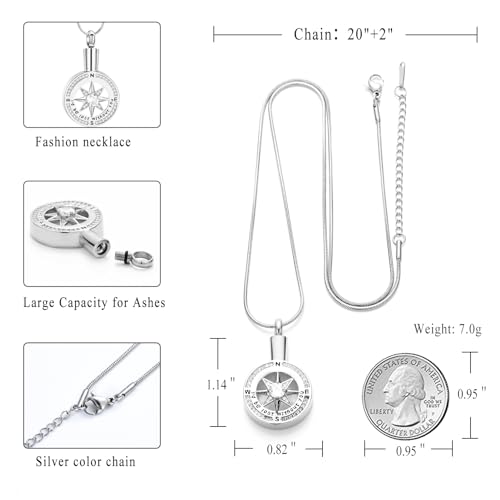 I'd be lost without you - Cremation Jewelry for Ashes Pendant - Compass Urn Necklace with Mini Keepsake Urn Memorial Ash Jewelry Loved One Silver