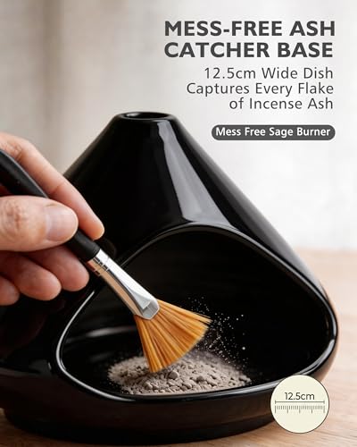 Ceramic Palo Santo Holder Incense Burner Ash Catcher - Modern Chiminea Smudge Bowl for Sage and Wood Sticks - Meditation Energy Cleansing Yoga Gifts for Home Decor Glossy Black