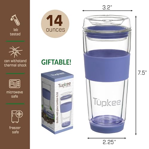 Double Wall Glass Tumbler, 14-Ounce Glass Travel Coffee Mug - 2 Pack Jacaranda