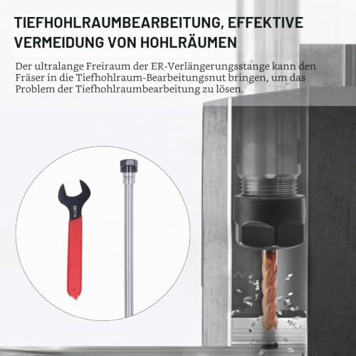 Milling Cutter Extension, C10‑ER11A‑150L 150 mm Collet Extension, ER11 Collet Chuck with Key, Clamping Range 1-7 mm C10-er11a-150l