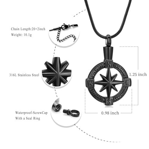 Oinsi Compass Cremation Pendant Necklace For Ashes For Men Women Stainless Steel Memorial Urn Jewelry Keepsake Holder Necklace Black