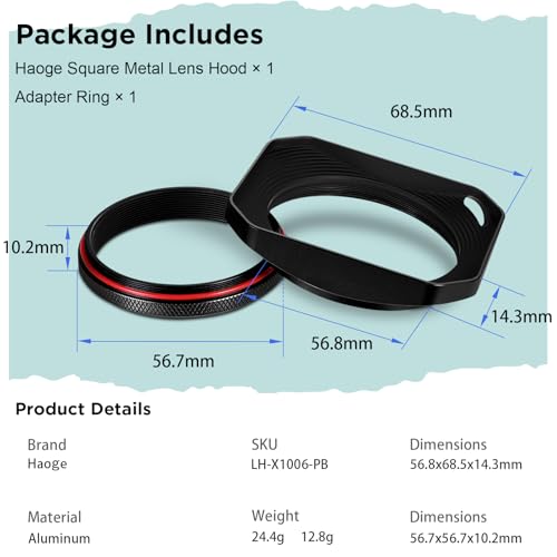 Haoge Square Metal Lens Hood for Fujifilm Camera X100VI Fuji X100V X100F X100T X100S X70 with 49mm Uv Filter Adapter Ring Accessories Hollow Out Designed Black Black-Hollow Out