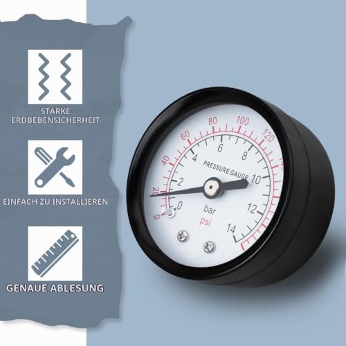 1-Pcs 50 mm Well Pump Pressure Gauge BSP 1/4 Inch 0-14 Bar 0 ~ 200 Psi with 2 Pieces Socket 1/4 Inch to 3/8 Inch, 1/4 Inch to 1/2 Inch and 1 Piece Hex Nipple Reducing 1/4 Inch to 1/8 Inch, Teflon Tape, Axial 50MM, 14bar(200psi)