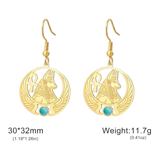 Egyptian Anubis Earrings Ankh Cross Goddess Isis Wing Scarab Wicca Pagan Gemstone Magic Power Amulet Ancient Egypt God Mythology Jewelry Gift Women Men gold