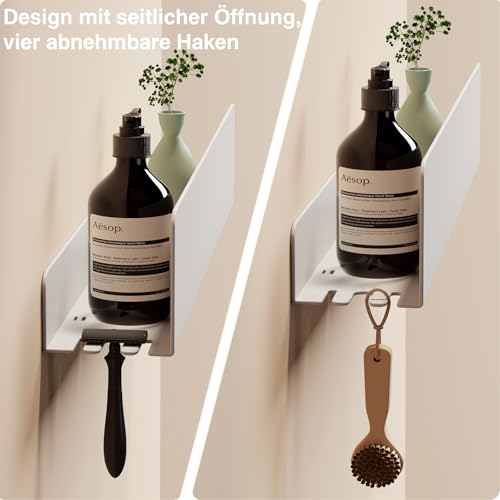 REKITA No Drill Shower Shelf Organizer, 40cm Stainless Steel Bathroom Storage with 4 Removable Hooks, Adhesive Wall Mounted Shower Caddy, Rustproof Bath Shelf for Bathroom Kitchen Living Room White