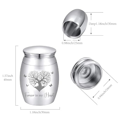 CREATCABIN Small Tree of Life Urn Forever in My Heart Urn Silver Metal Alloy Human Pet Memorial Butterfly Cremation Ashes Keepsake Holder Container with Bag Spoon Cloth for Funeral Burial 1.6" x 1.2"