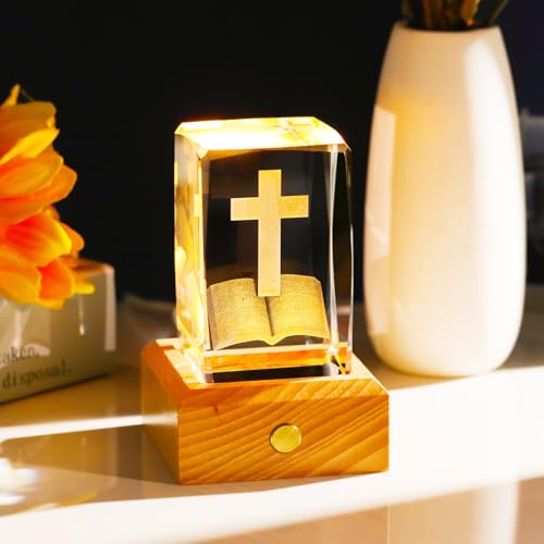 Arikyrist 3D Crystal Cross and Bible Gifts with Wooden Colorful LED Base