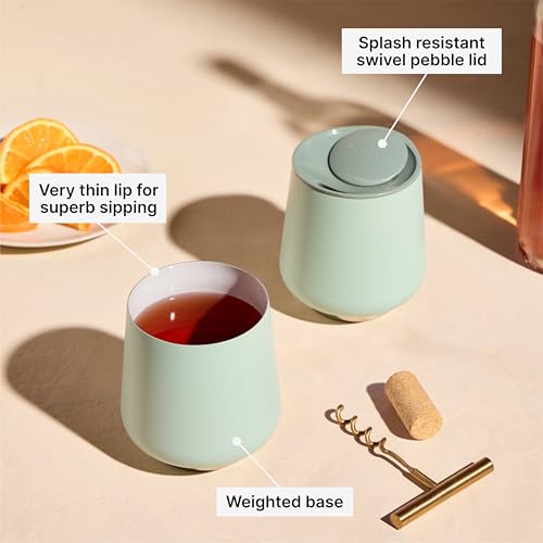 Fellow Ruby Wine Tumbler Set of 2 - Insulated Stainless Steel Wine and Cocktail Tumblers with Ceramic Interior and Swivel Pebble Lid - 12 oz, Mint Chip Mint Chip - Pack of 2 12 ounces