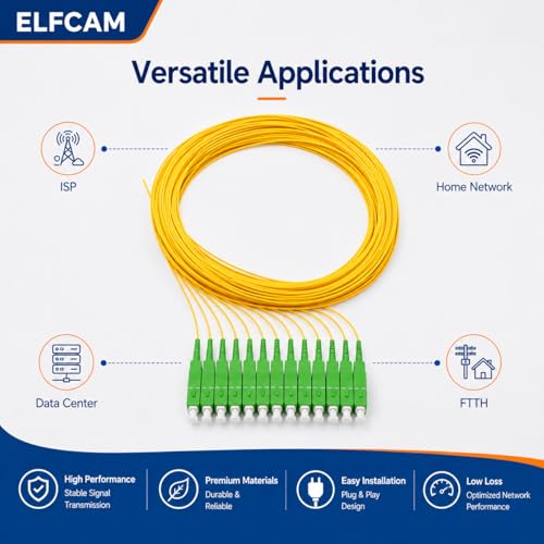 Elfcam - Fibre Optic Pigtail Set Single Mode OS2 with Plug Type SC/APC, Consists of 12 Individual Fibre Optic Pigtails, Yellow OS2 SC/APC Yellow