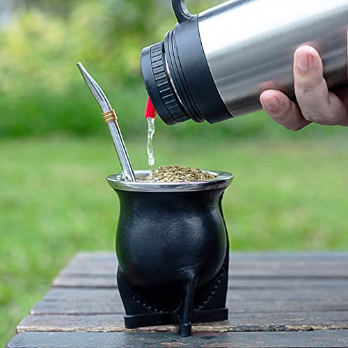 Cuopru Ceramic Liner Yerba Mate Cup Argentina Gourd with Mate Bombilla Straw, Cleaning Brush (Black) Black