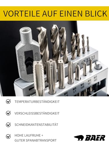 BAER Thread Cutter Set M3-M12 HSS-G | 15 Pieces for Internal and External Thread | Thread cutting set for steel and cast steel up to 800 N/mm², tap and core hole drill + tap wrench, in metal case