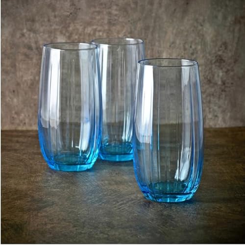 Light Fume Pink Ribbed Drinking Glass, Modern Highball Water Glass Blue PACK OF 6