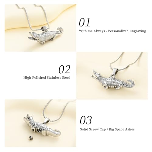 Oinsi Crocodile Cremation Jewelry For Ashes For Pet Stainless Steel Aligator Memorial Urn pendant Necklace For Men Keepsake Jewelry Gifts Silver
