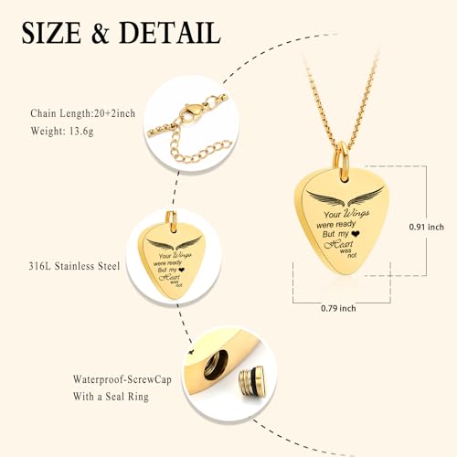 Oinsi Cremation Jewelry Guitar Pick Urn Necklaces for Ashes for Women Men Memorial Ash Keepsake for Loss of Loved Ones - Your Wings Were Ready my Heart was not Gold