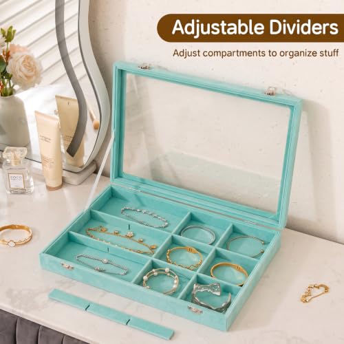 Frebeauty 12 Grid Bracelet Holder Box,Velvet Jewelry Tray with Clear Lid Turquoise