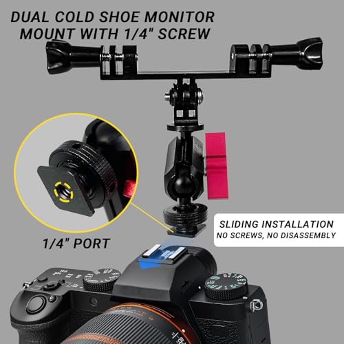 Dual Cold Shoe Monitor Mount with 1/4" Screw, Rotatable Dual Ballhead Arm for LED Monitor Microphone, Compatible with DJI Osmo Action 6/5 Pro/4/3, Osmo 360, Insta 360 X5/X4, GoPro Hero 13/12,Pocket 3 Dual Cold Shoe Monitor Mount
