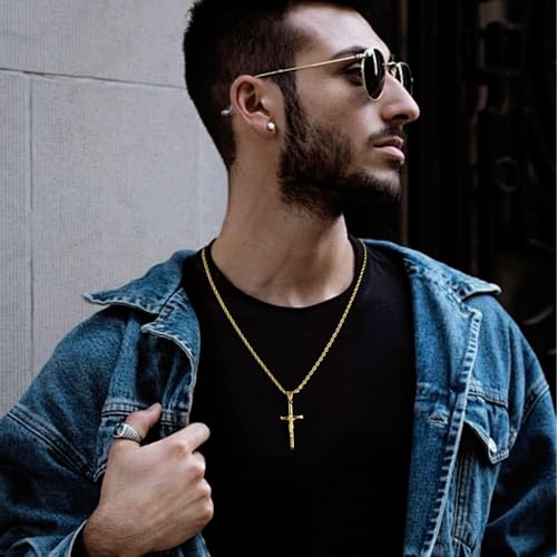 Cross Necklace for Men and Women, 18K Gold Plated Cord Necklace with Cross Pendant, Catholic Jesus Cross Pendant, Religious Gift for Easter, Father's Day, Christmas