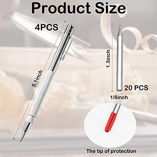 4 Pcs Tungsten Carbide Etching Tool with 20 Replacement Tips, Aluminium Carbide Engraving Pen With Clip, Metal Engraving Tool for Glass Ceramics and Hardened Steel Sheet silver