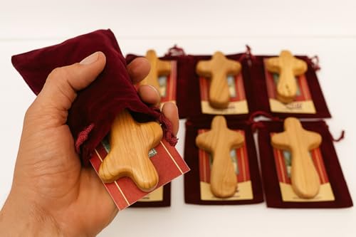 Zuluf Set of 6 Palm Size Olive Wood Crosses 4.2" (10.7cm) – Baptism Cross for Men, Christian Religious Keepsake, Small Catholic Wood Gift for Men and Women CRS133 6 Large with Velvet