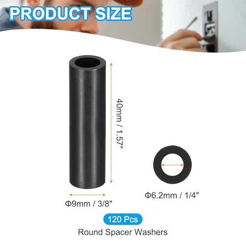 PATIKIL 120Pcs ABS Spacers 6mm ID, 9mm OD, 40mm Height Plastic Round Stud Spacer Black Nylon Washers Nut Unthreaded Rubber for M6 Screws Bolts Barrel