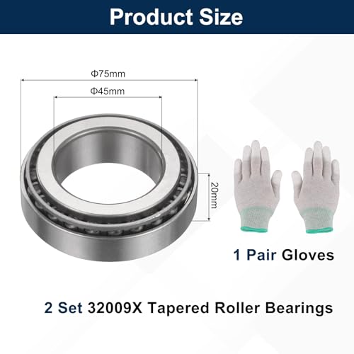 sourcing map 2 Set 32009X Tapered Roller Bearing Cone and Cup Set, 45mm Bore x 75mm OD x 20mm Width Bearing Steel Wheel Bearings Set with Gloves