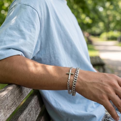 DAYANEY Silver and Gold Bracelet for Men, Rakhi for Brother Water Proof Stainless Steel Cuban Chain Bracelet Set, Adjustable Gold Link Men Braclet Jewelry Gifts for Boyfriend, Dad and Son 9"
