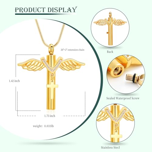 Cross Cremation Jewelry Urn Necklaces Cross Angel Wings Urn Necklaces for Ashes Memorial Keepsake Pendant for Women Men Gifts With Funnel Kit & Bag Gold