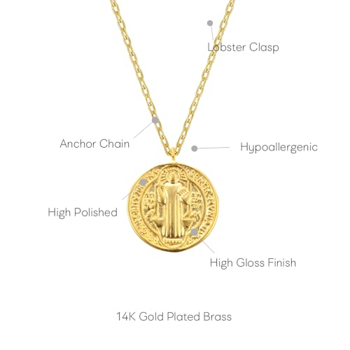 MUSTHAVE ST. Benedict Coin 18K Gold Plated Necklace With Message Card, Yellow and White Color, Anchor Chain, Best Gift Necklace, Size 16 inch + 2 inch Extender, Pendant Yellow Gold