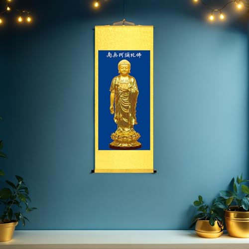 Zzooi Asian Elegant Buddhist Art Chinese Style Buddha Portrait Namo Amitabha Wall Art Hanging Silk Painting,Amituofo Chant 39"L x 17.7"W