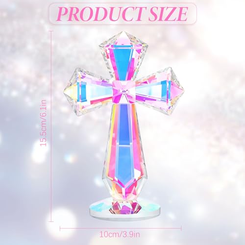 Crystal Cross Standing 6.1 Inch, Handmade Glass Cross Decor Christian Religious Gifts for Women Men Mother, Glass Collectible Figurines Baptism Confirmation Gifts Church Home Office Desk Decoration