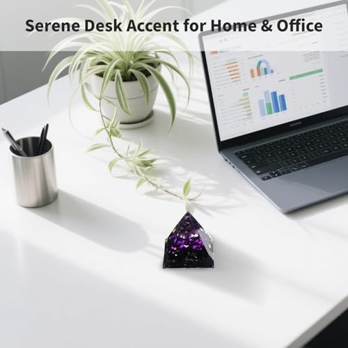 Handmade Orgone Pyramid with Natural Crystals & Mini Tree - Orgonite Healing Crystal Desk Decor for Meditation, Stress Relief-Office & Home Decor-Noir Iris