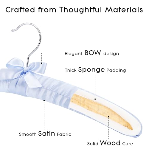 Women's Satin Padded Hangers - 15" Foam-Filled Wooden Clothes Hangers with No Shoulder Bumps, Bow Accent, for Sweaters, Blouses, Dresses - 5 Pack (Light Blue)