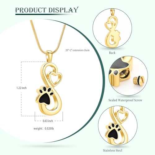 Infinity Pet Paw Cremation Jewelry Urn Necklaces Infinity Urn Pendant Necklaces for Ashes Memorial Keepsake Pendant for Women Gifts With Funnel Kit & Bag Gold